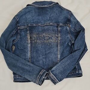 bebe Blue Rhinestone Logo Denim Jacket